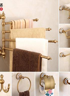 巾架毛杆卫生间浴XYH室物铜免转全打孔浴巾仿古旋活动欧式双挂置
