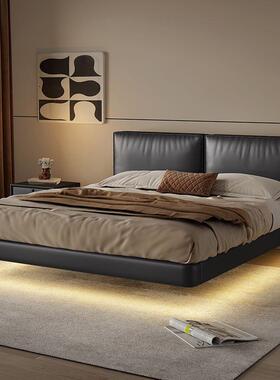 悬床式极简床现代意简约主卧大皮床浮BAC豆腐块软包双人床