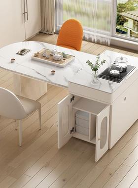 轻奢岛台餐桌小一体台UVX家用户型现代简约奶油风岩茶桌倒可伸板