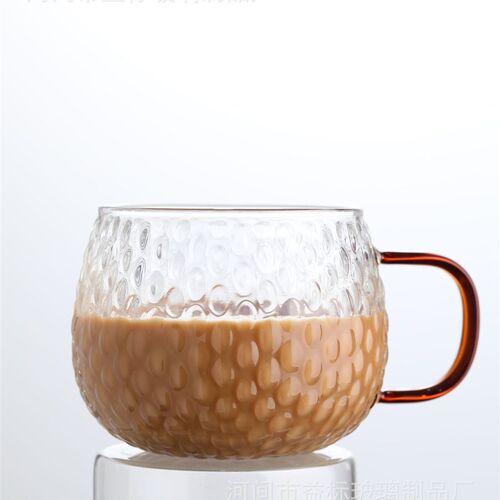厂家新款金色把手锤纹玻璃杯米粒杯咖啡牛奶绿茶玻璃杯水杯