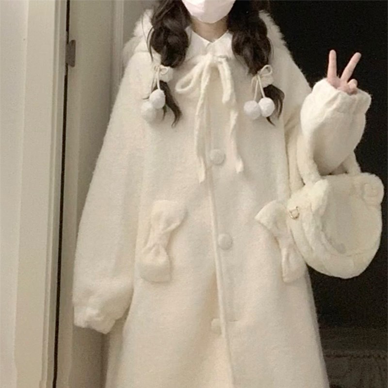 日系毛茸茸白色连帽毛呢外套女冬季温柔风少女感中长款呢子大衣潮图片