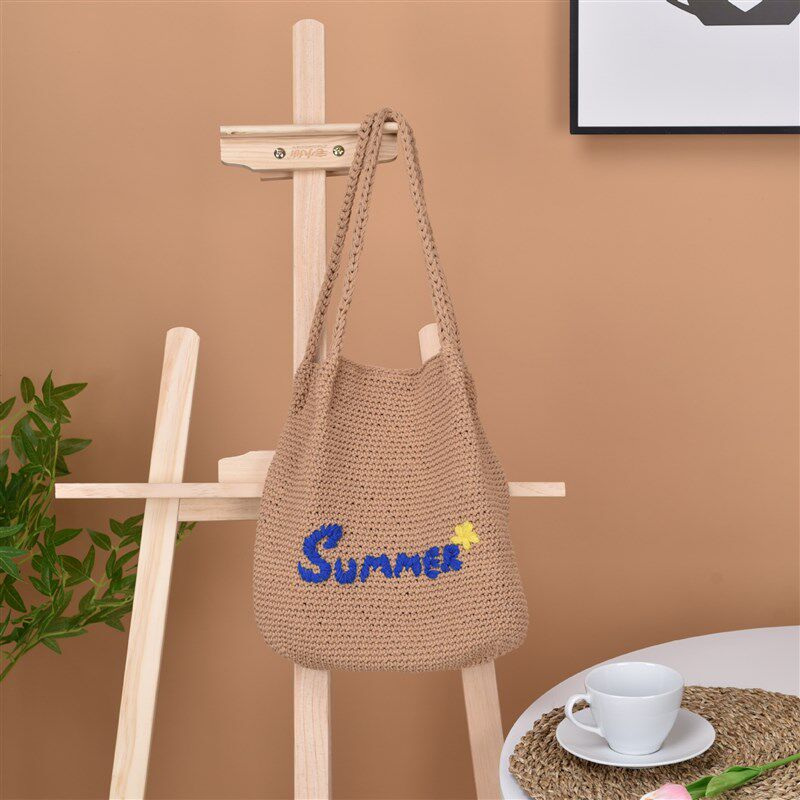 2024新款手工钩针棉线编织手绣字母网红甜美春夏草编单肩托特女包