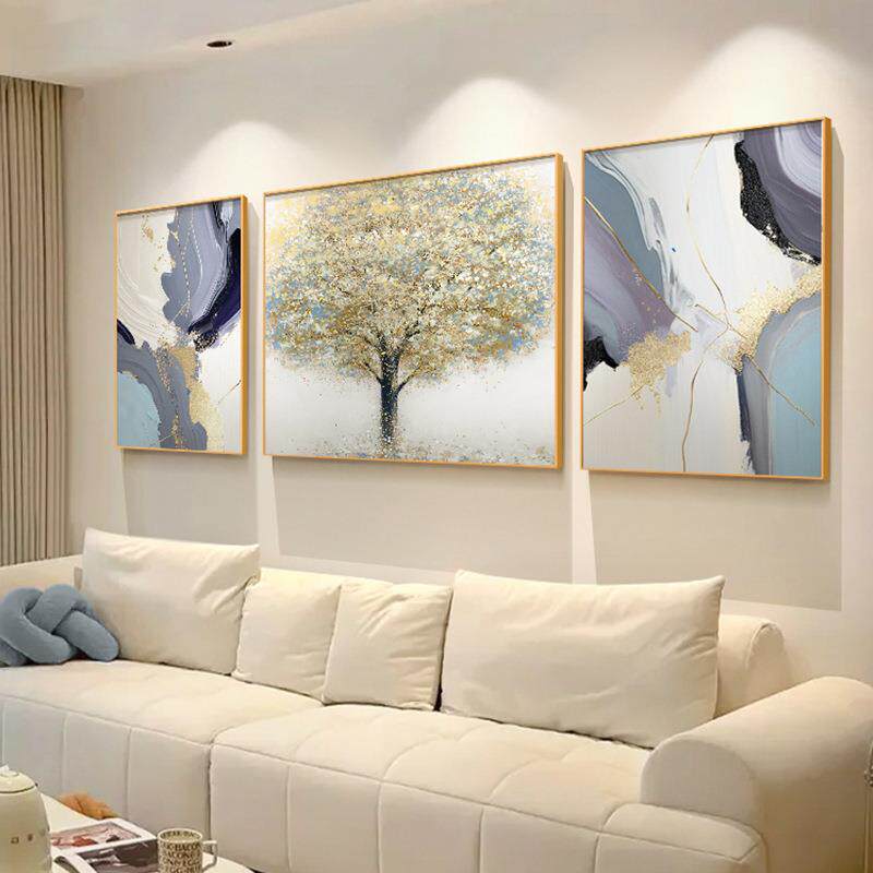 奶油风客厅装饰画福鹿招财沙发背景墙挂画紫色抽象发财树三联壁画