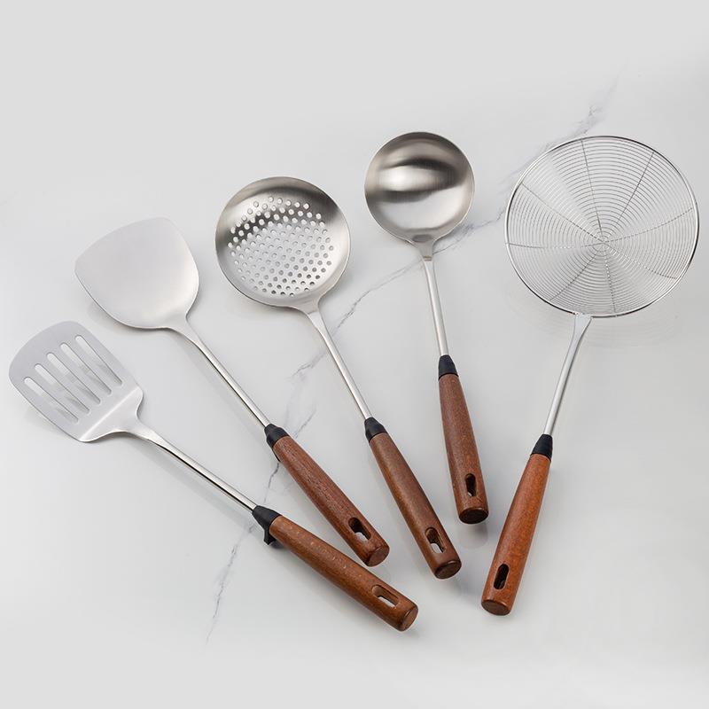加厚304不锈钢锅铲木柄挂壁漏勺家用厨房防烫漏铲线漏厨具套装