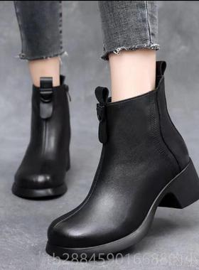 高档品牌特棉价真皮妈妈鞋女冬款加滑绒靴子女士短靴新中跟软底防