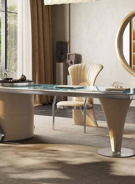 轻奢式奢岩板茶意台书桌两用办公石室家用代简现约EJF高档茶桌椅