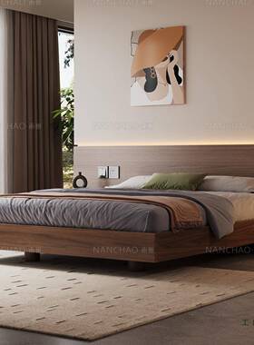 黑实胡桃木无床用头木床18极简床架米子家卧VXA室双人大婚床悬浮