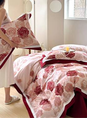 玫瑰大印花1天丝BLA棉四件套酒单红色床喜庆结婚被套婚庆.8m床上