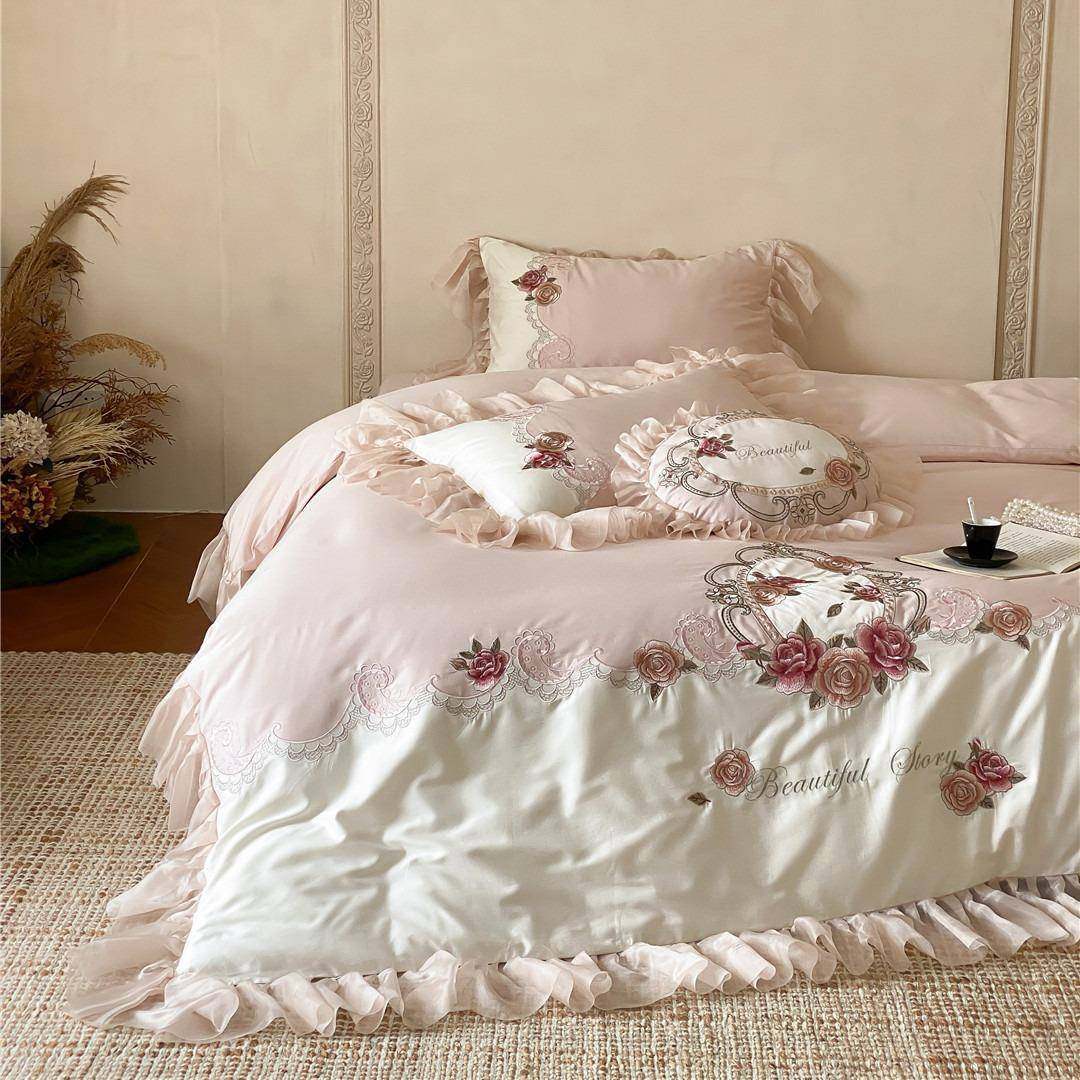 复具风法式田古园花卉刺绣CS蕾丝寝床品端纯棉长高绒棉四件套