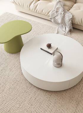 白色油圆形茶几简CJO现代新客厅家用2约022款网红奶风创意茶几电