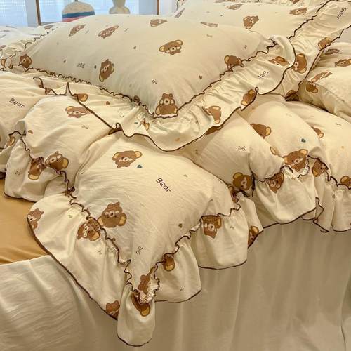 2502公件主风花边小清新水洗棉套床上四盼季jiaf件床单被套床裙三