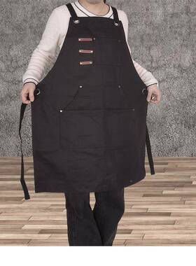 定家制士lo1-2g布o交叉背带围裙做饭网红帆女厨房用黑色干蜡围裙