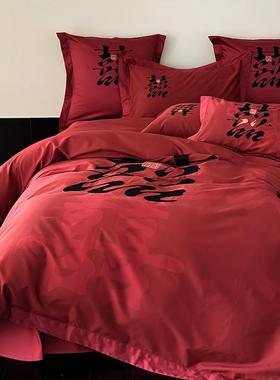 轻四奢大色庆结婚床上FER用品件红套婚100S全棉纯棉中式囍字喜庆
