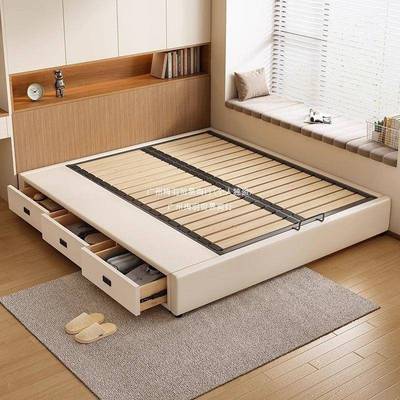 现代米EXK约骨小户型榻榻带抽屉床实木排架气压侧开储物皮简艺无