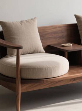 北设美胡桃木式美宋学黑实木双人连体椅沙发新中式计感51823布艺