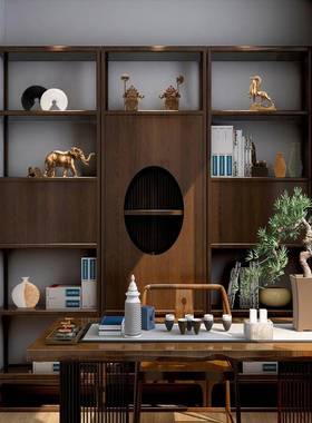 新中式轻奢件软家居装客厅公办室茶室博古架摆书房书柜装F7688877