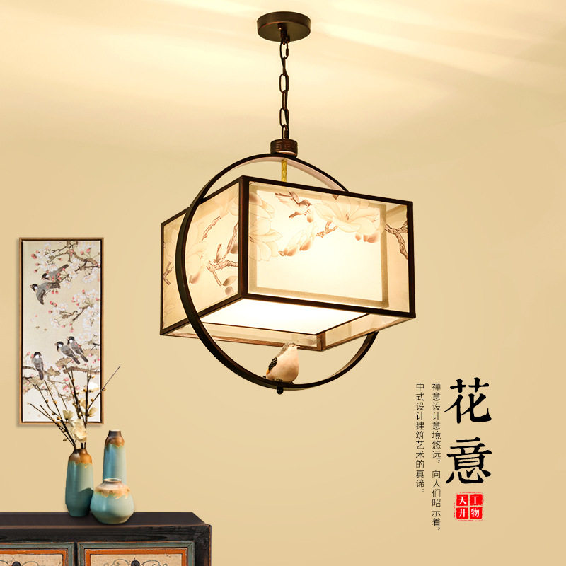 古典新中式吊灯餐厅灯仿古中国风布艺国画茶楼酒店客厅书房卧室灯