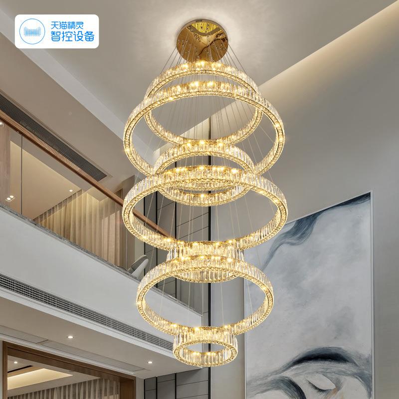 轻0奢699别墅复式楼年大吊灯客厅灯225款挑空水晶灯新圆形楼梯长