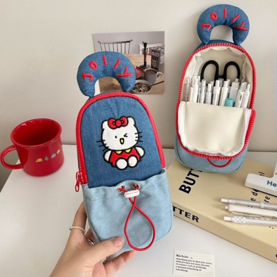 卡通猫咪牛仔笔袋学生大容量手提创意收纳包便携整理可站立文具盒