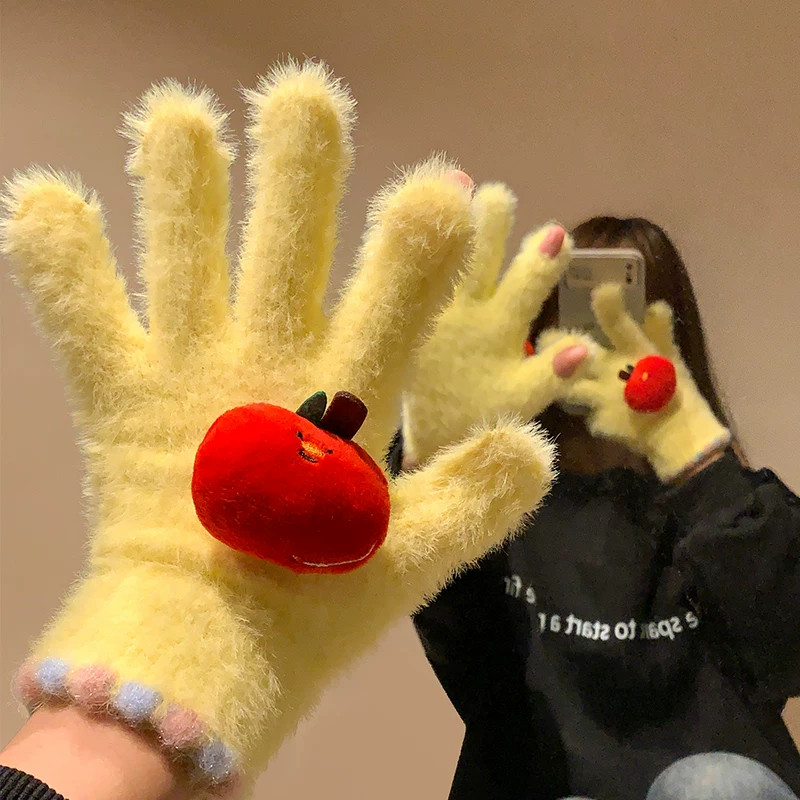 冬季手套女可爱苹果保暖韩系学生加绒加厚触屏骑行毛线针织防风寒