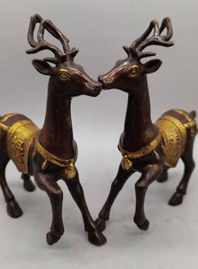 创意小摆鎏金福禄件客厅家摆居紫铜鎏品金福禄鹿件一对摆工艺现代