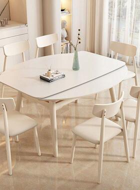 代简约白色实岩板可伸木缩餐桌方两圆用奶HPZ油现风折叠圆桌小户