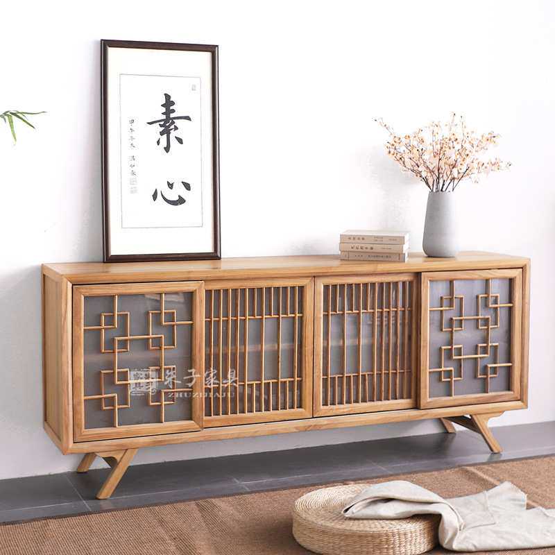 中式实木电视柜现代简约禅意客厅电视柜整体玻璃地柜家用中山家具