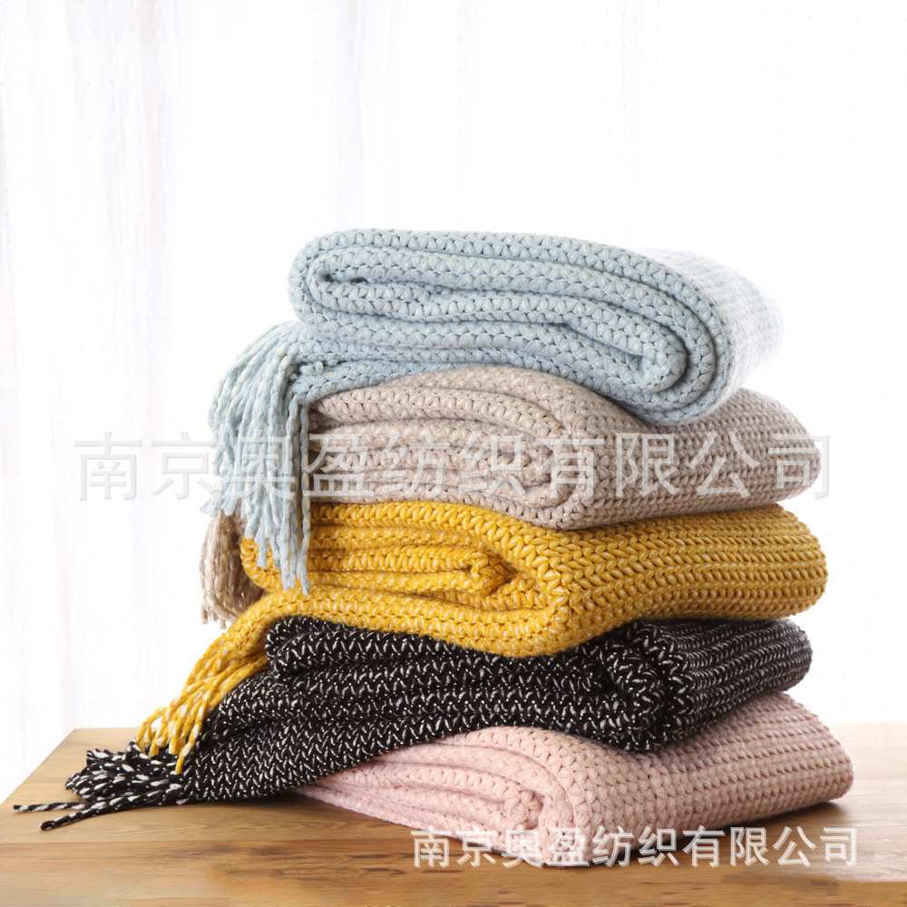 亚马逊毯子throw美式沙发毯床尾毯针织毯素色毛毯流苏盖毯加厚