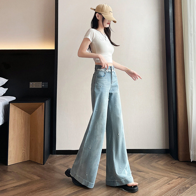 浅色钉珠微喇天丝阔腿牛仔裤女春夏薄款2026新款宽松不贴腿喇叭裤