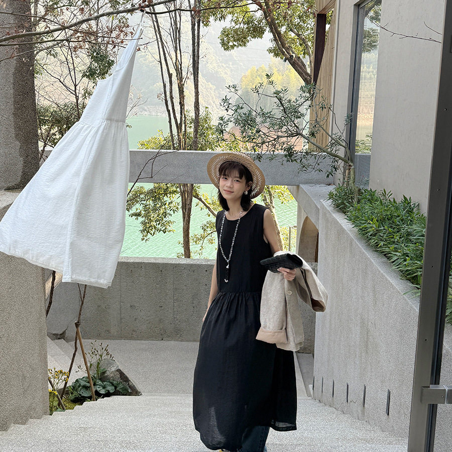 黎诺春夏新款韩系叠穿背心连衣裙女2026文艺复古百搭宽松显瘦裙子