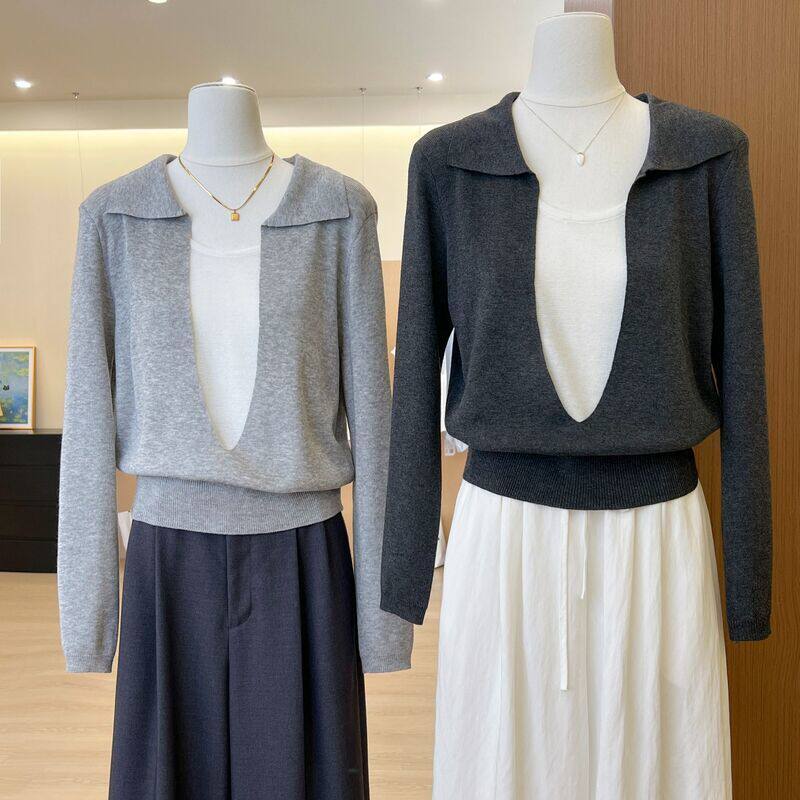 设计感小众polo衫假两件针织衫女秋季高级感撞色翻领气质正肩上衣