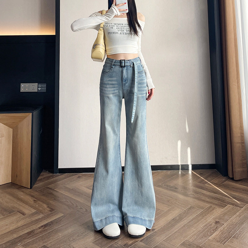 浅蓝色微喇牛仔裤女春夏季2026年新款高腰显瘦时髦拖地喇叭裤