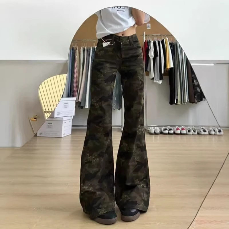 迷彩微喇牛仔裤女低腰显瘦遮肉不贴腿喇叭裤直筒微喇小个子裤子