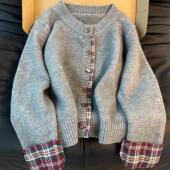 假两件韩系圆领拼接格子毛衣女2026春新款 上衣宽松休闲针织开衫