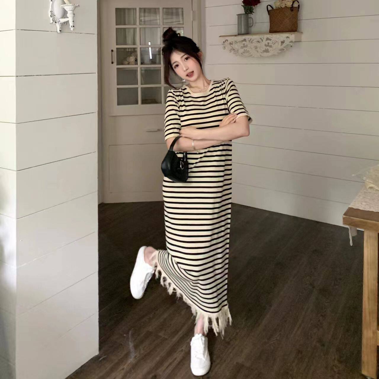 2026夏季高档洋气针织胖m连衣裙短袖宽松遮肚子显瘦高级长款过膝