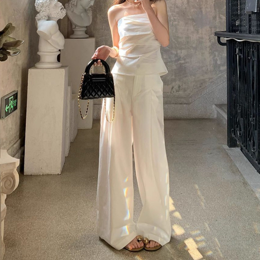 夏日绝美穿搭一整套时尚减龄抹胸上衣配高腰阔腿裤套装两件套ins