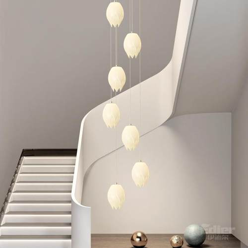 楼梯吊灯奶油风客厅复式公寓loft别墅挑空长吊灯大气led中山灯具