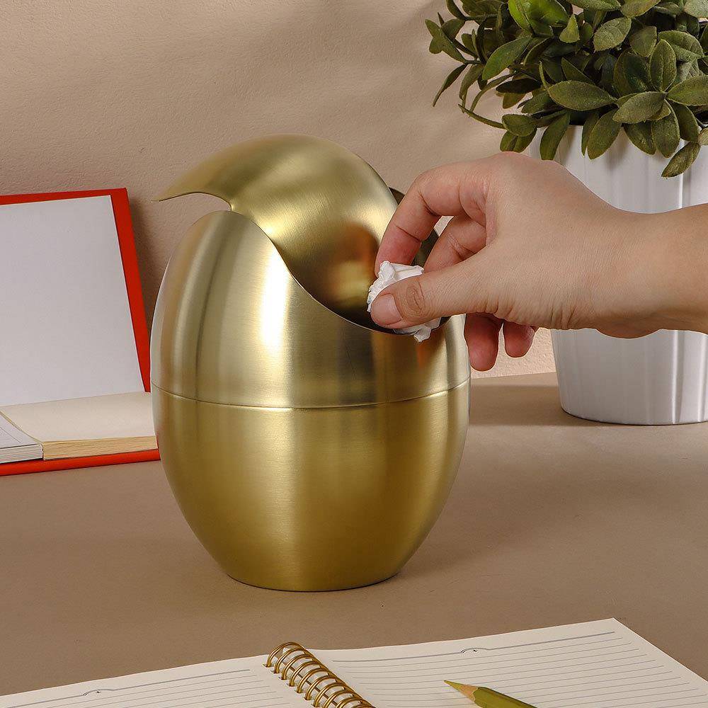 高颜值轻奢卧室纸篓家用桌上可爱车载收纳筒带盖蛋形垃圾桶金色