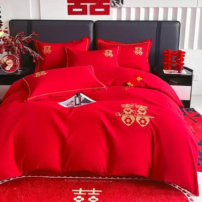 高档中式结婚四件套大红色婚庆纯棉被套婚房喜被新婚陪嫁床上用品