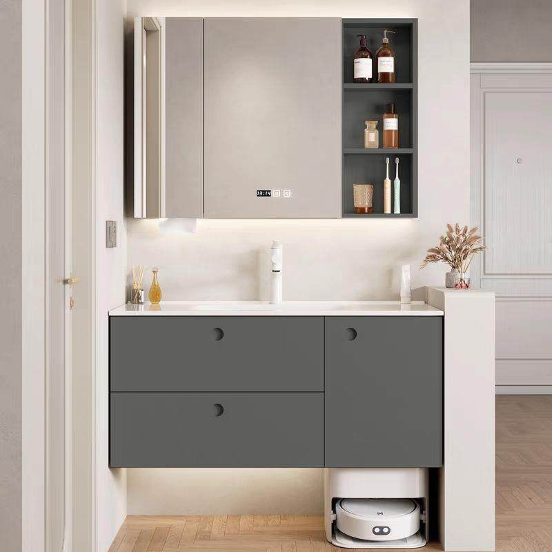 新中古风式胡桃木色浴室柜一体陶瓷盆扫地机器人洗漱台洗脸台