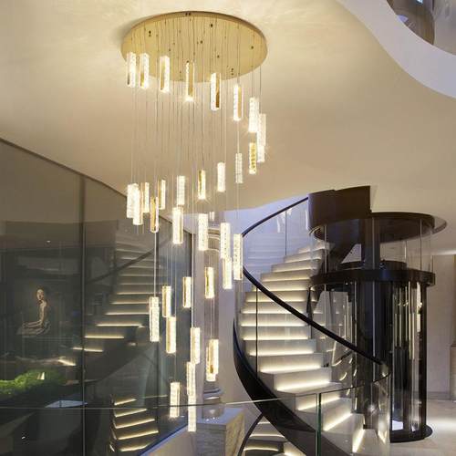 复式楼水晶吊灯轻奢客厅大灯创意个性波浪形别墅楼梯间长吊灯新款