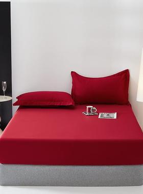 高端纯棉床笠单件全棉床垫床套保护床单床罩加高35cm1.35cm红色