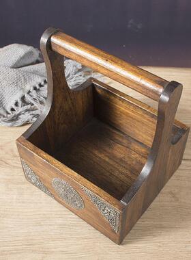 国实木手提果篮桌面收纳篮调味架干水TL010045果篮客厅泰用复古送