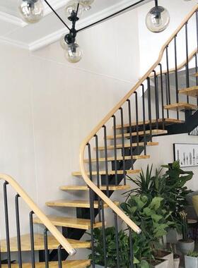 楼钢木楼梯实JUX木踏阁栏板木扶手玻璃护立柱别墅钢楼梯踏步