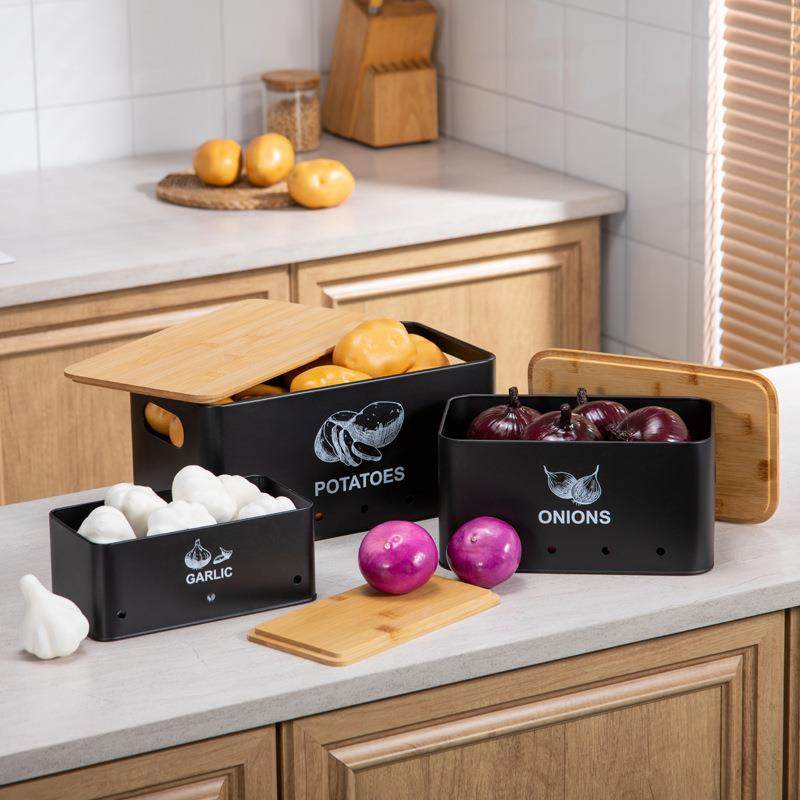 竹盖简约黑套装食物储物箱金属收纳盒厨房土豆洋葱大蒜储存罐,家居饰品,储物罐,淘宝优惠券,粉丝福利购,淘宝优惠卷