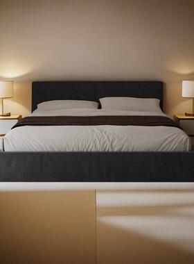 现代简约主卧双人床黑色棉麻布艺床轻奢极简实木软可定制通