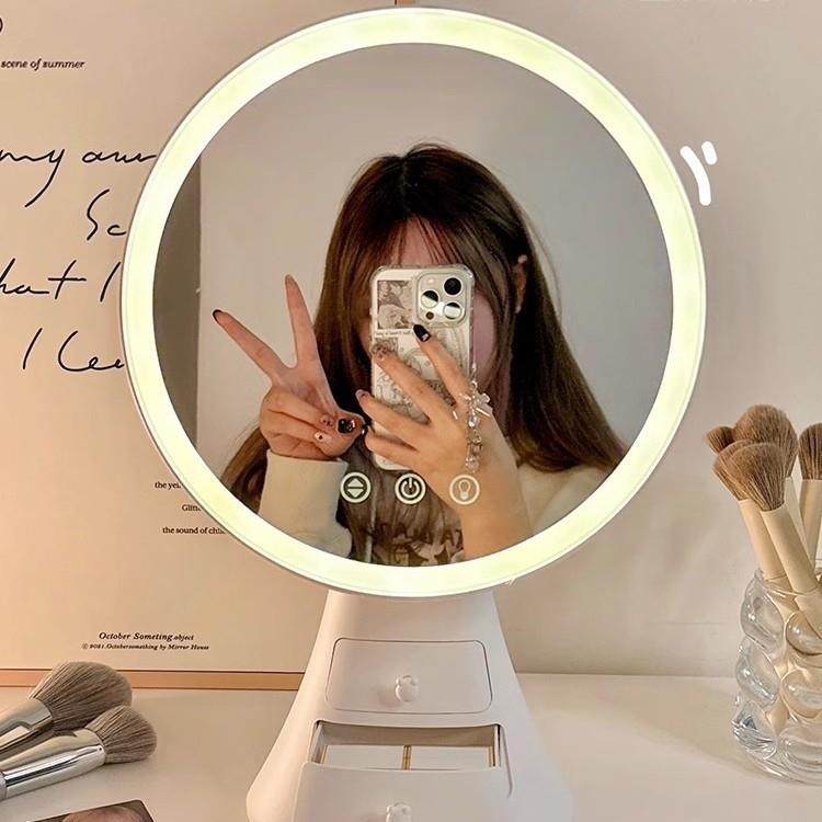 LED镜子化妆镜收纳盒一体2024新款带灯台式桌面卧室梳妆台补光镜