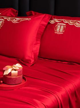 结婚大红色80S长绒棉刺绣单件床单送礼陪嫁单品床上枕套三件套