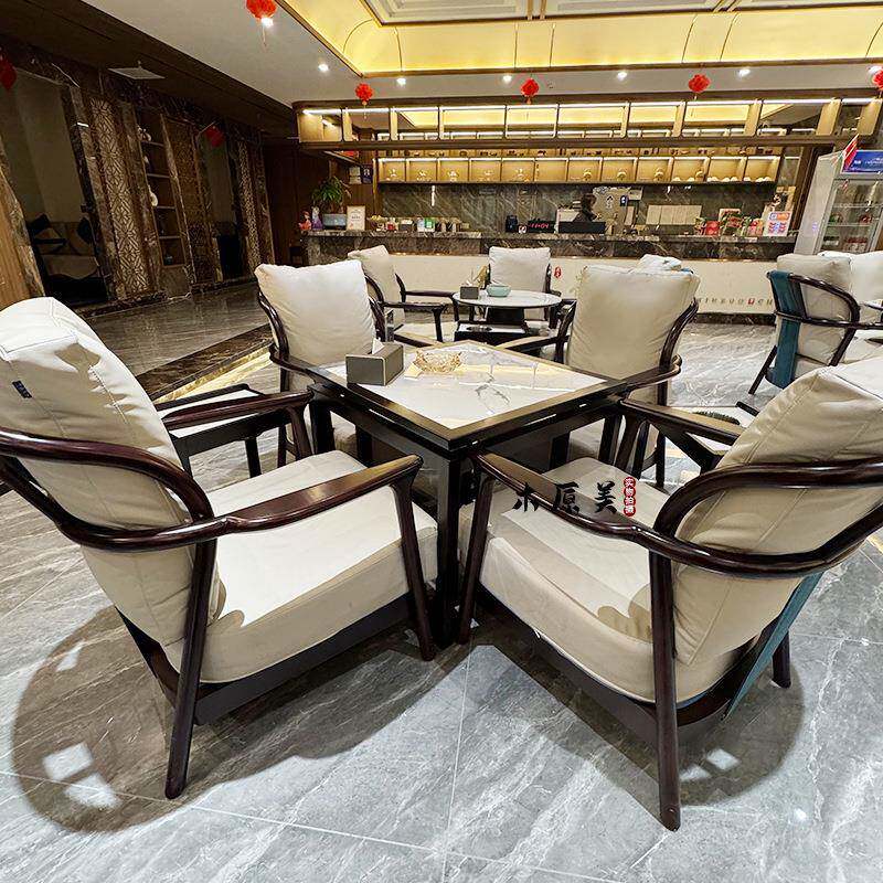 茶楼卡座实木沙发桌椅组合新中式餐厅茶桌酒店大厅洽谈休闲接待桌