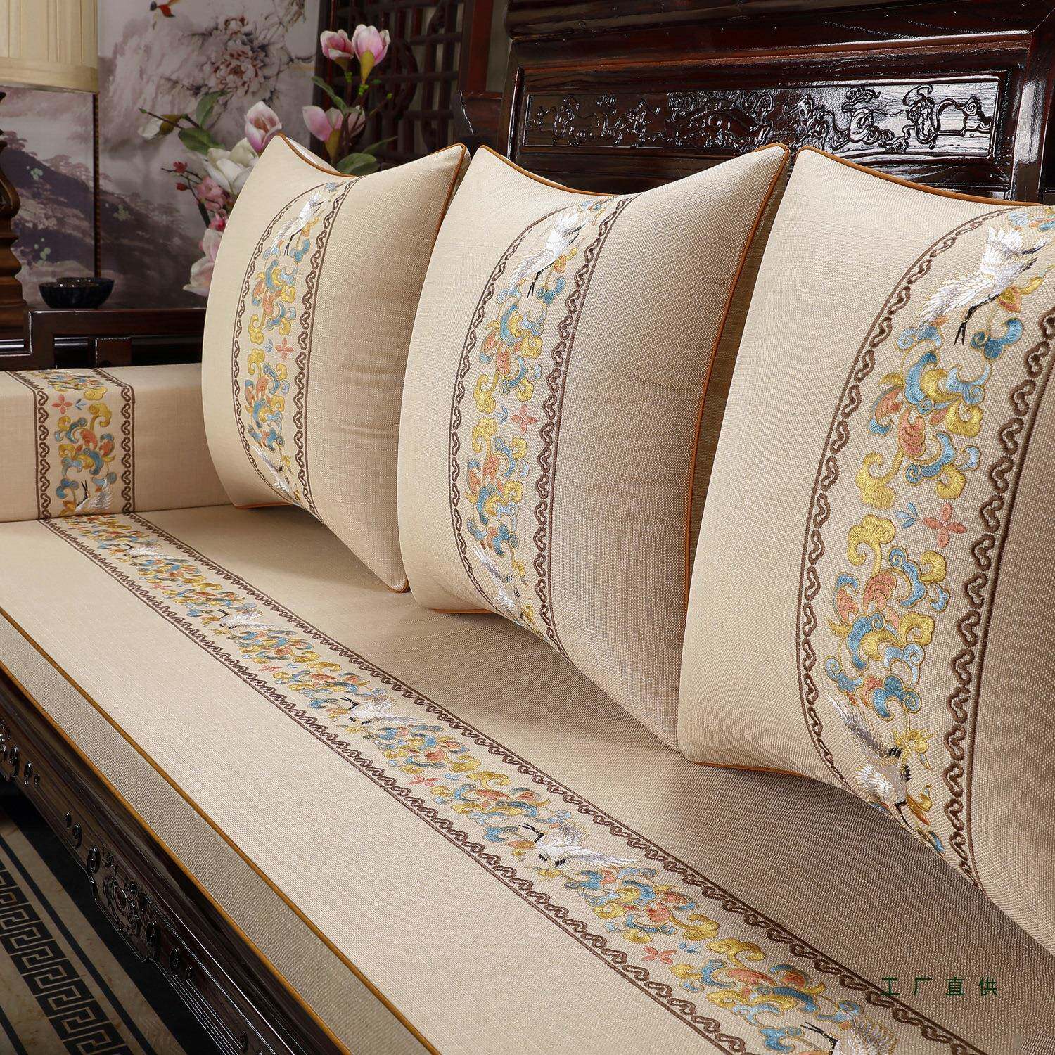 新中式罗汉床垫沙发坐垫带靠背五件套座垫家具沙发垫定制
